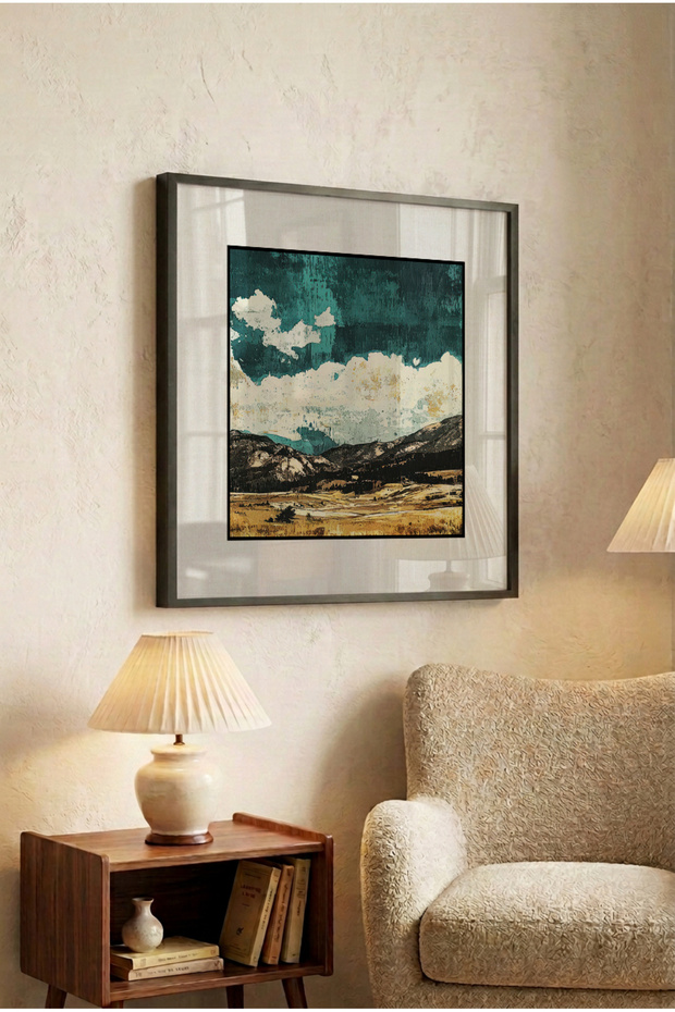 1 Piece Pvc Framed Black Wooden Framed Square Wooden Painting with Turquoise Sky and Mountain View - Home, Business, and Office Decoration Painting