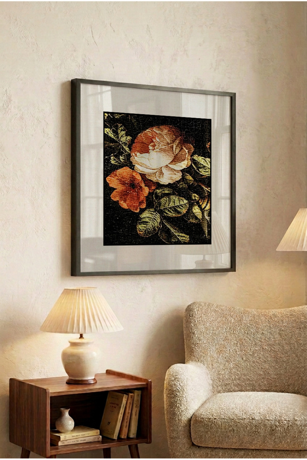 1 Piece Pvc Framed Black Wooden Frame Minimalist Dark Theme Still Life Rose Square Wooden Painting - Home, Business and Office Decoration Painting