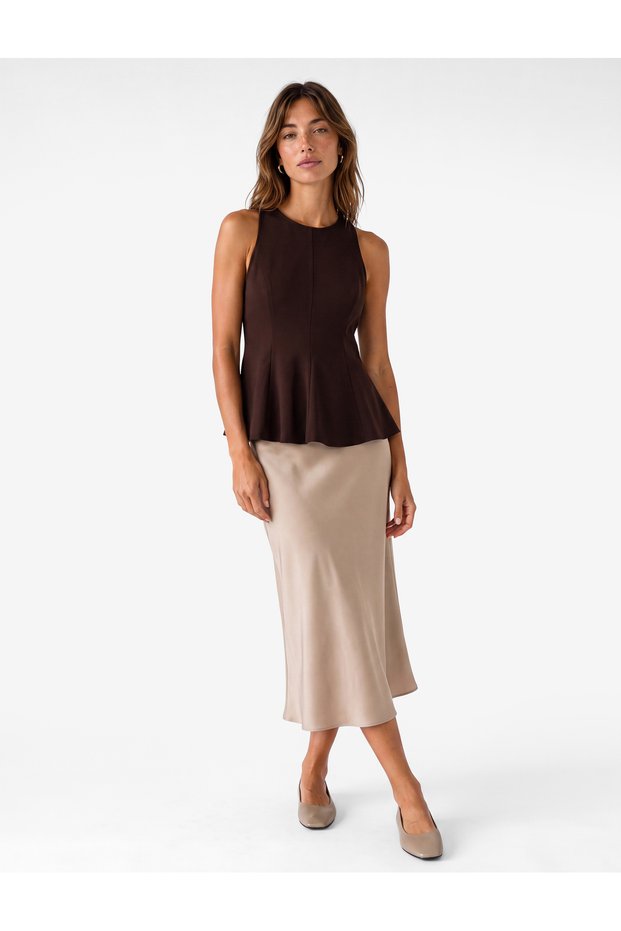 Women Brown Plain Round Neck Sleeveless Top