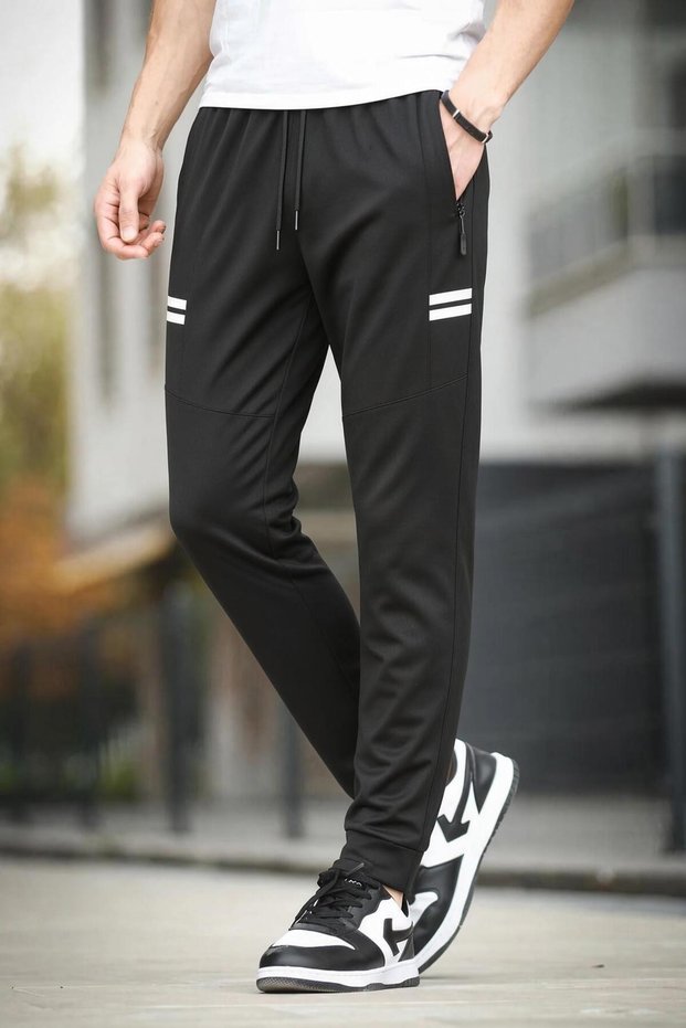 Dual Side Double Stripe Detailed Zipper Pockets, Lace-Up Waist, Cuffed Cuffs, Slim Fit Sweatpants