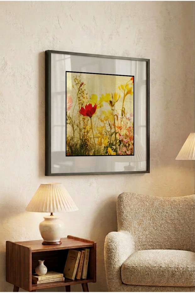 1 Piece Pvc Framed Black Wooden Frame Colorful Wildflowers Square Wooden Painting - Home, Business and Office Decoration Painting