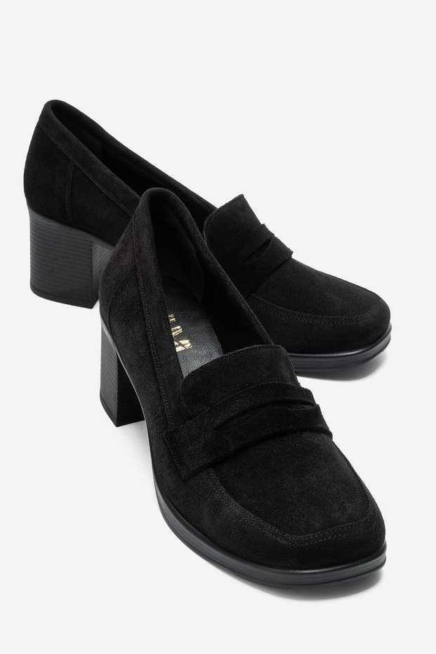 Kellys Black Suede Genuine Leather Women's Heeled Loafer Shoes