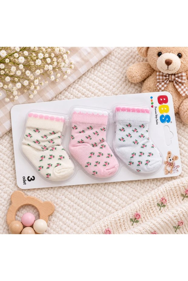 Flower Printed 3-Piece Baby Socks Set