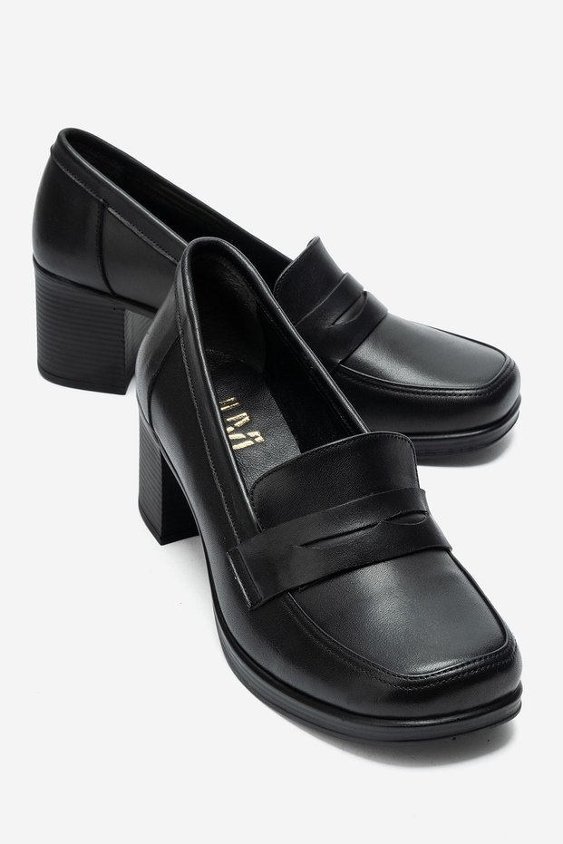 Kellys Black Skin Genuine Leather Women's Heeled Loafer Shoes
