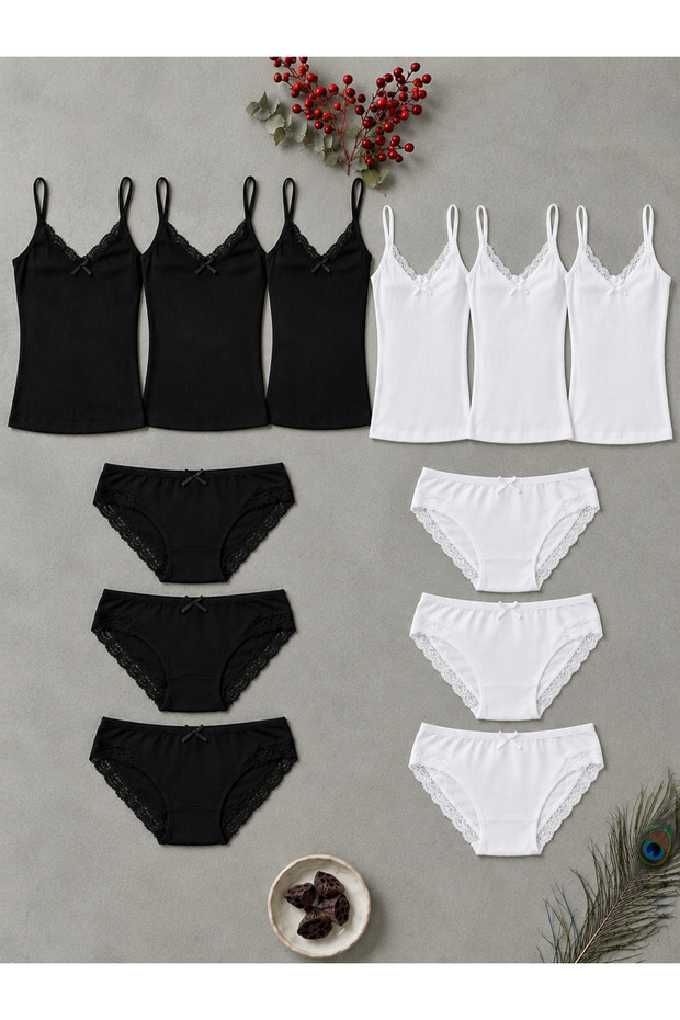 Women's Lace Rope Strap 6-Piece Athlete Panties Set 3 Black and 3 White Colors