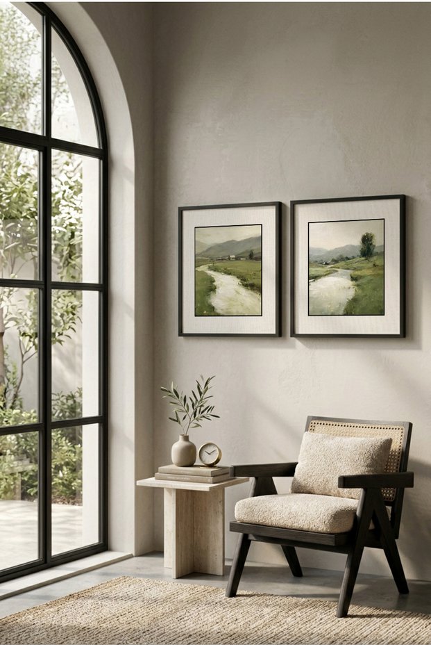 2 Pieces of Black Wooden Framed Square Wooden Painting with Valley and Curved River View - Home, Business and Office Decoration Painting