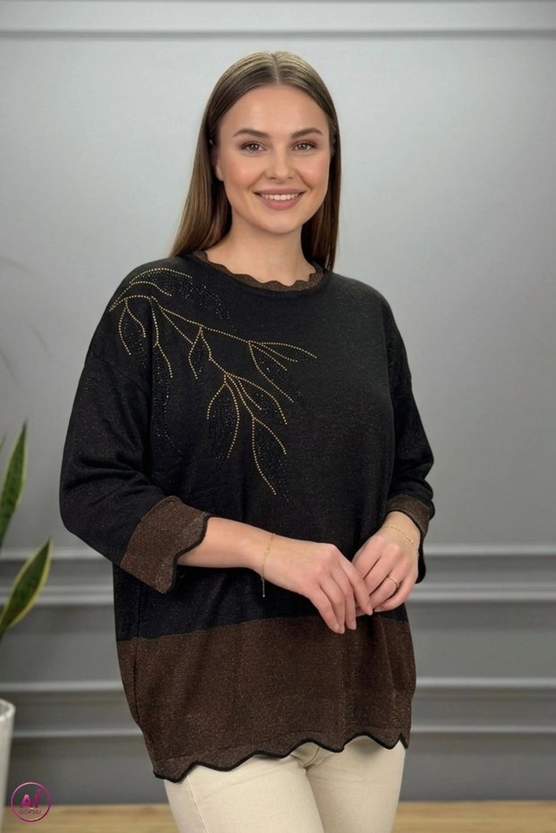 Women's black crew neck blouse with leaf crystal stone detail and glittery fine knit