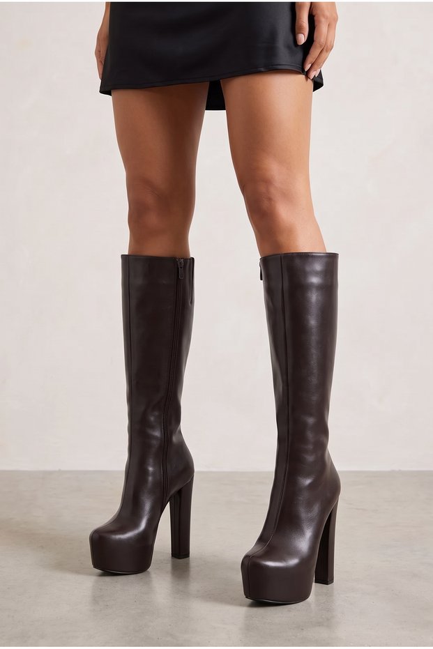 Meysi Women's High Heeled Platform Zippered Brown Leather Boots
