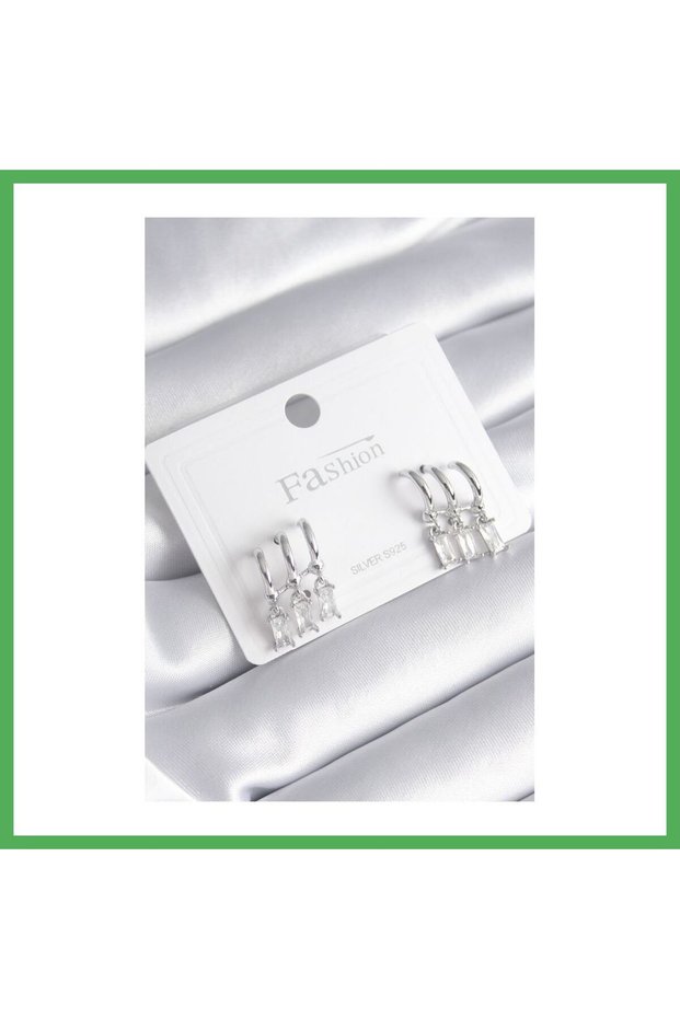 Brass Silver Color 3-Piece Dangle Zircon Stone Earrings Bezoss