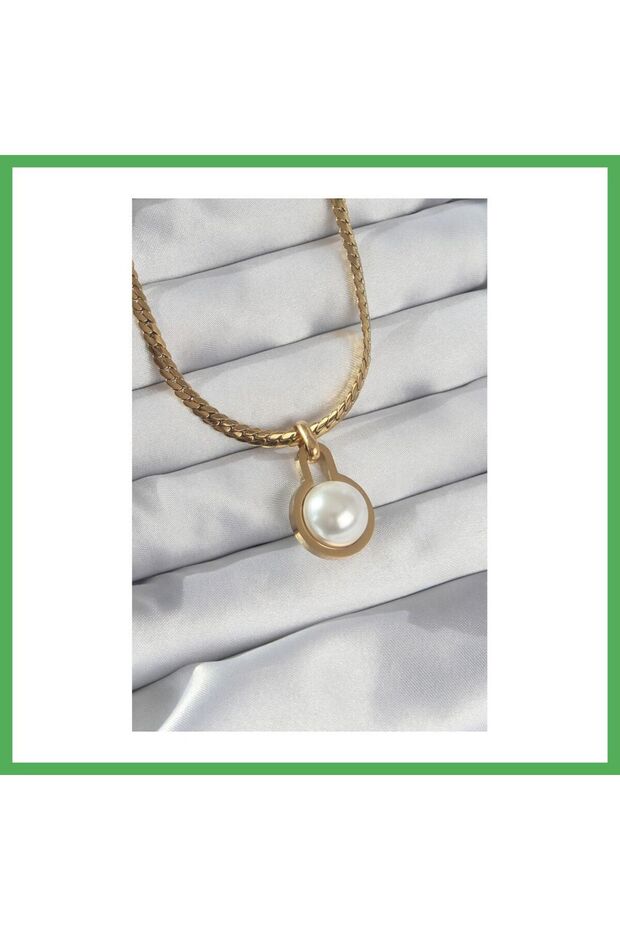 316L Steel Gold Color Flat Chain Pearl Stone Necklace Bezoss