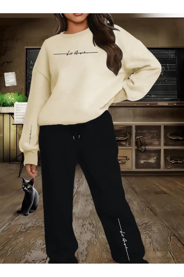 Plus Size Crewneck Los Angeles Printed 100% Cotton 3 Yarn Spanish Cuff Winter Women's Track Suit Set