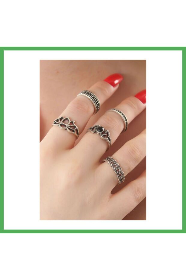 Silver Color Lotus Model Black Crystal Stone Detail Ring Combination Bezoss