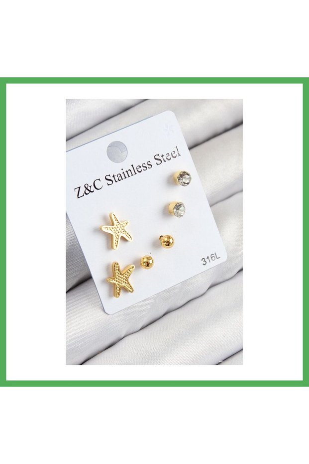 316L Steel Zircon Stone Sea Star Model Silver Color Women's Set Earrings Bezoss
