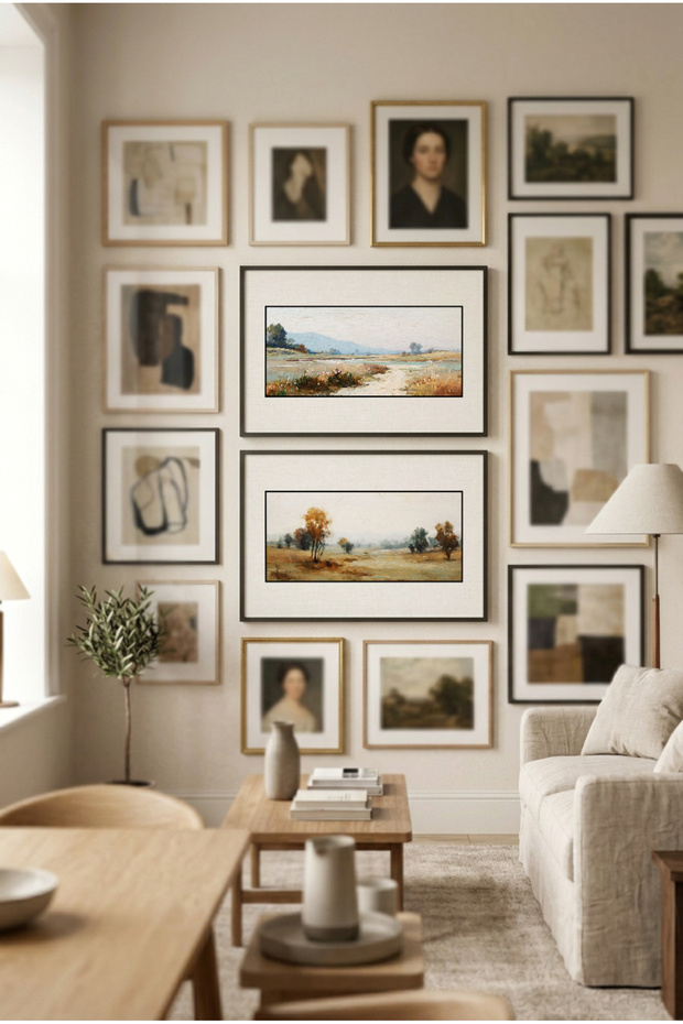 2 Pieces of Black Wooden Framed Autumn Valley and Trees Themed Horizontal Wooden Painting with Pvc Mats - Home, Business, and Office Decoration Painting