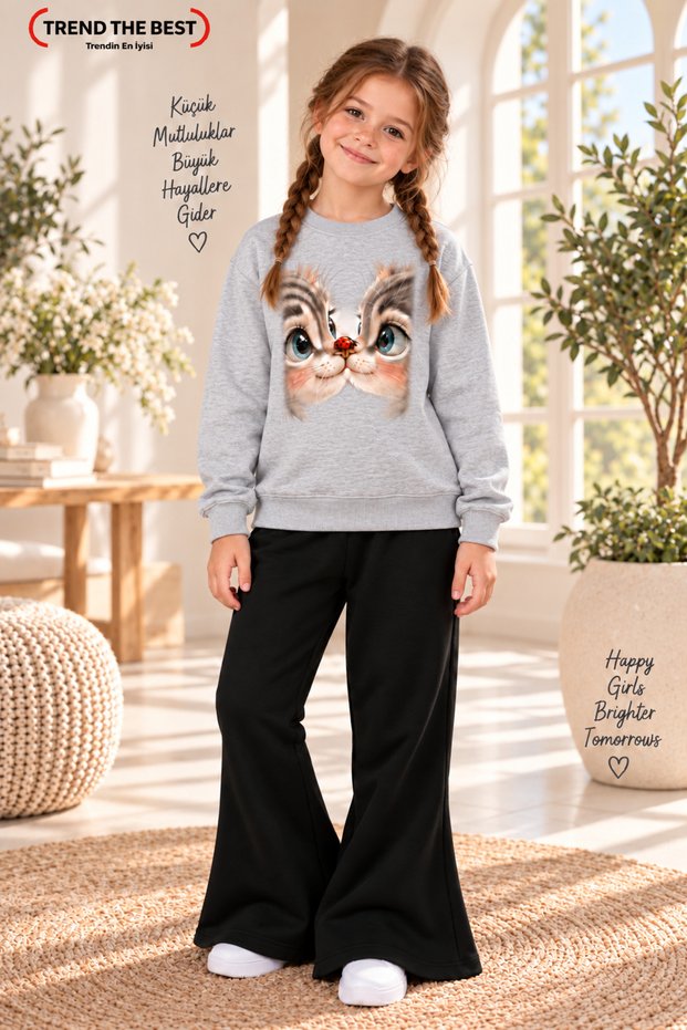 Winter, Spring, and Autumn Girls' Black Spanish Flared Bottoms and Gray Sweat Top