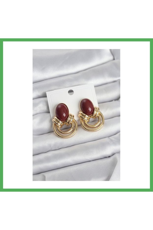 Brass Gold Color Claret Red Stone Vintage Women's Earrings Bezoss