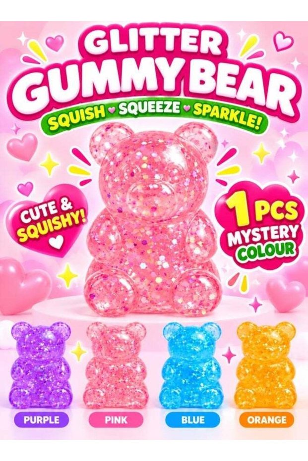 Gummy Bear Glitter Squishy Toy, Soft Squeeze Stress Relief Fidget Toy for Kids and