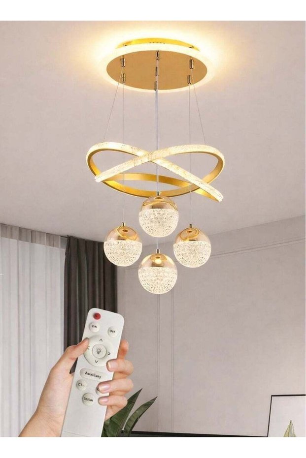 Al Thurayat Modern Gold LED Chandelier, 50cm Round Ceiling Light with 4 Light Balls, 3 Color Modes