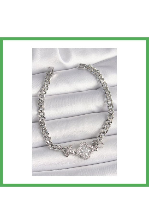 Brass Silver Color Zircon Stone Clover Figure Chain Model Women's Bracelet Bezoss