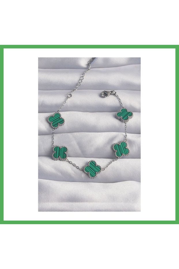 316L Steel Silver Color Striped Green Enamel Clover Bracelet Bezoss