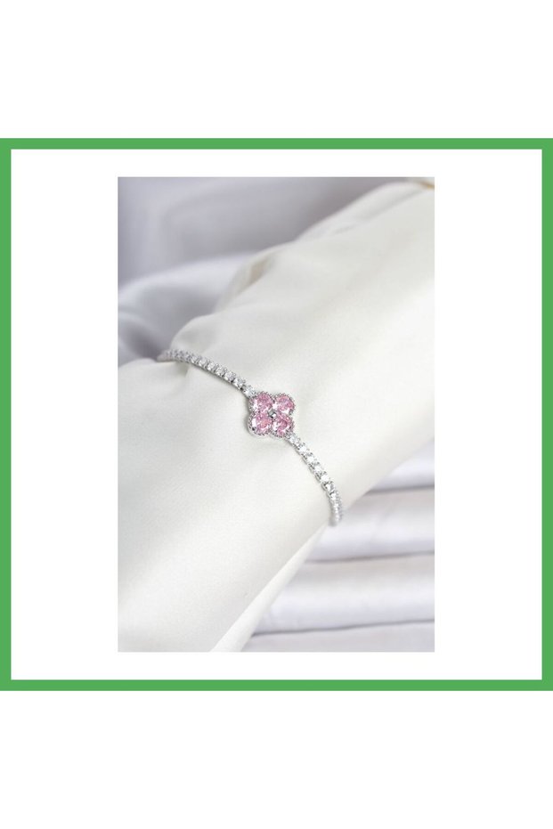 Brass Silver Color Pink Zircon Stone Clover Model Waterway Women's Bracelet Bezoss