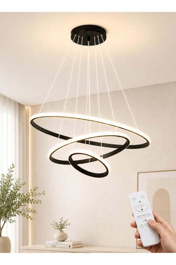 AL THURAYAT Modern 60cm LED Chandelier – 3 Light Colors with Remote Control – Elegant Black Ring