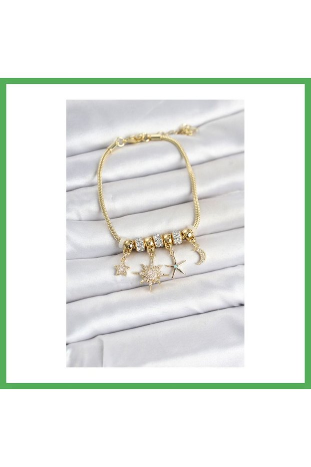 Brass Gold Color Pole Star Detailed Charm Women's Bracelet Bezoss