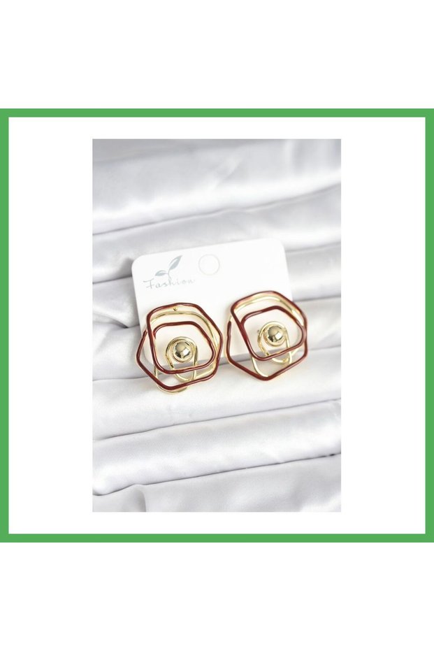 Brass Gold Color Burgundy Enamel Geometric Rose Model Women's Earrings Bezoss