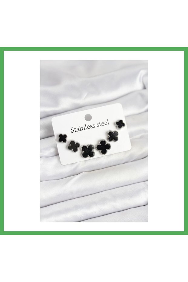 316L Steel Silver Black Color 3 Sizes Clover Earring Set Bezoss