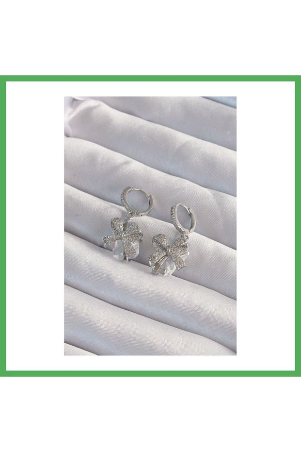 Brass Silver Color Chunky Zircon Stone Bow Model Hoop Earrings Bezoss