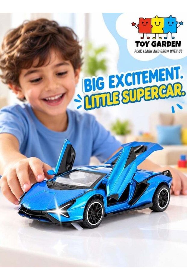 Diecast Hybrid Supercar Metal Model Car with Light and Sound, Blue Pull Back Toy Car for