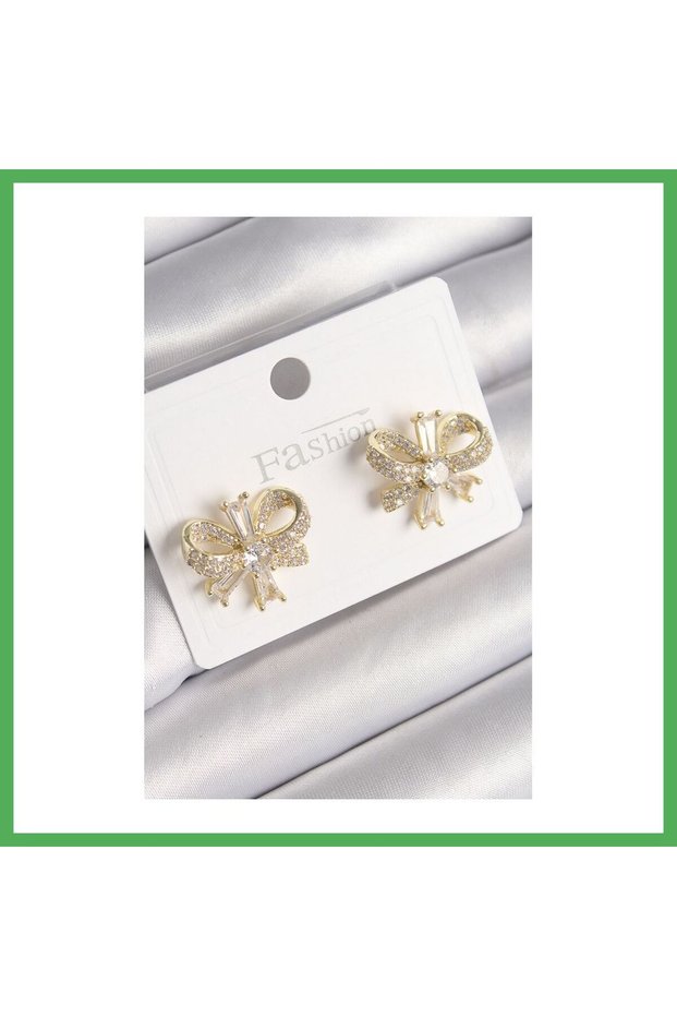 Brass Gold Color Zircon Stone Bow Model Women's Earrings Bezoss