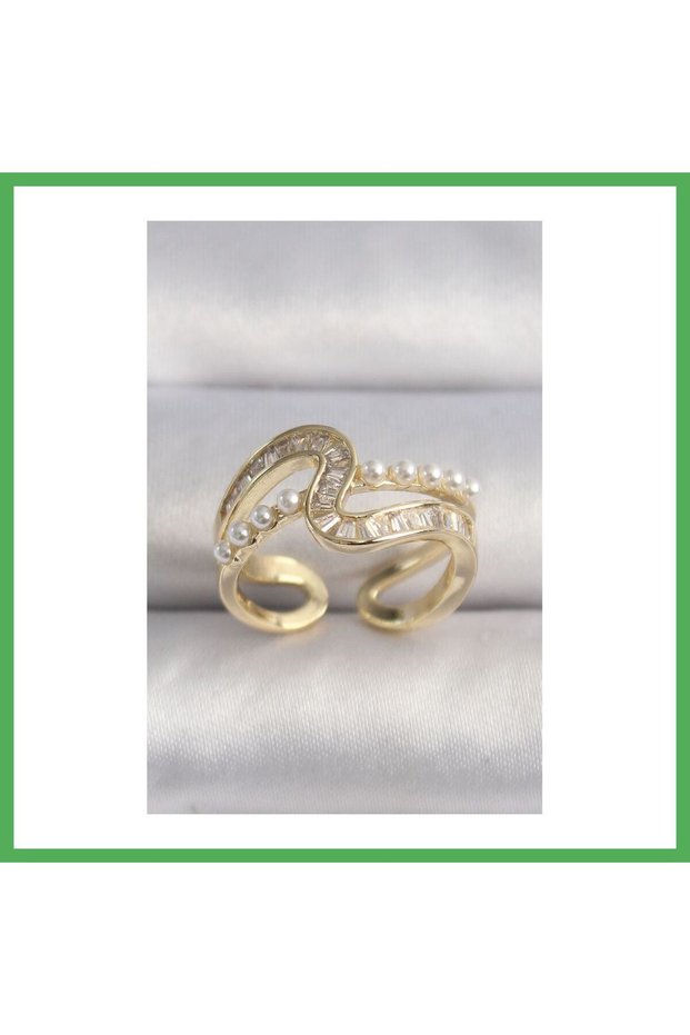 Brass Gold Color Zircon Stone Pearl Detail Vip Series Women's Ring Bezoss