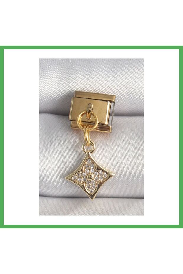 316L Steel Gold Color Dangle Zircon Stone Flower Embellished Nomination Charm Bezoss