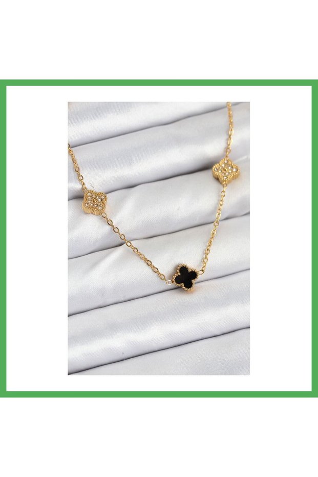 316L Steel Chain Gold Color Black and Zircon Stone Baby Boy Clover Women's Necklace Bezoss