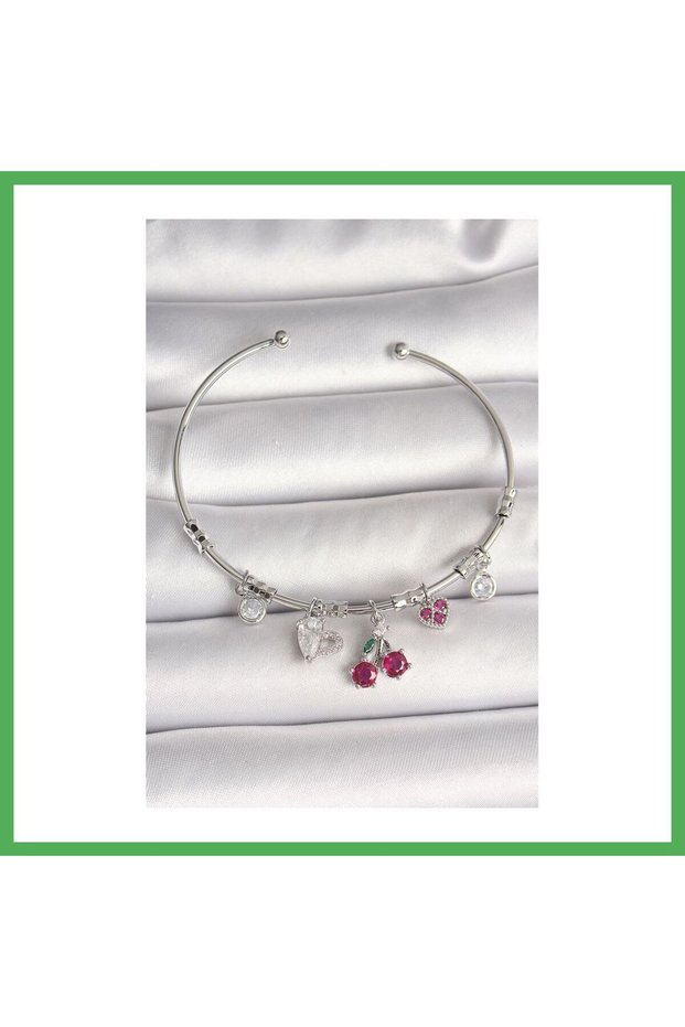 Brass Silver Color Dangle Cherry Figure Detail Charm Women's Bracelet Bezoss