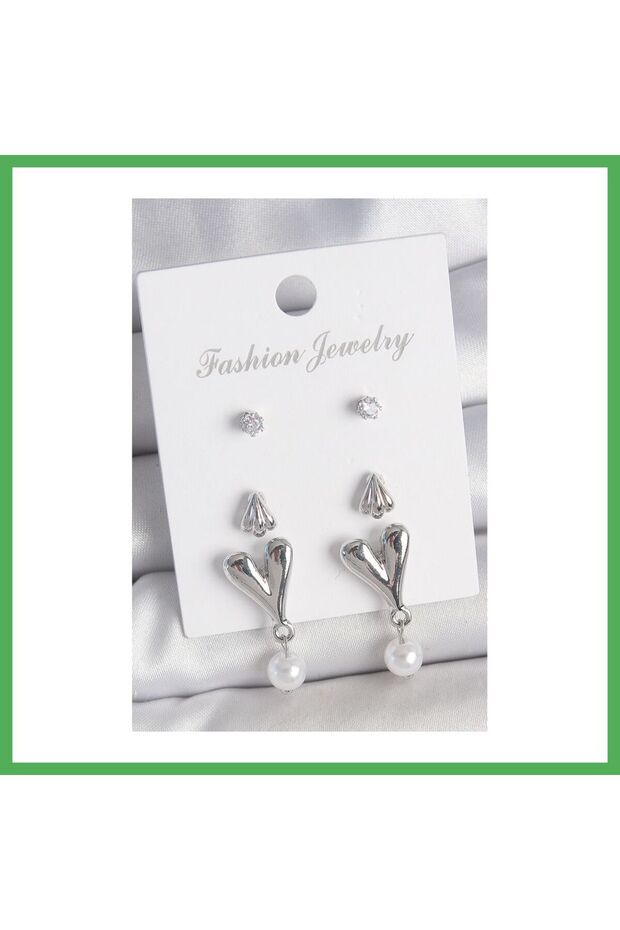 Brass Silver Color Zircon Stone Dangle Model 3 Pairs Women's Earring Set Bezoss