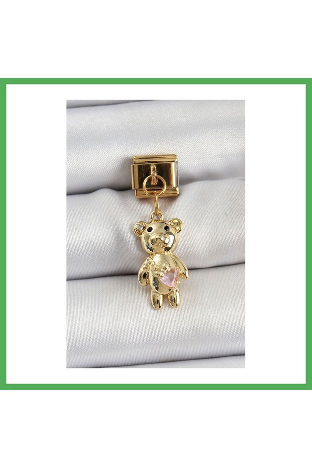 316L Steel Dangle Zircon Stone Teddy Bear Model Gold Color Nomination Charm Bezoss