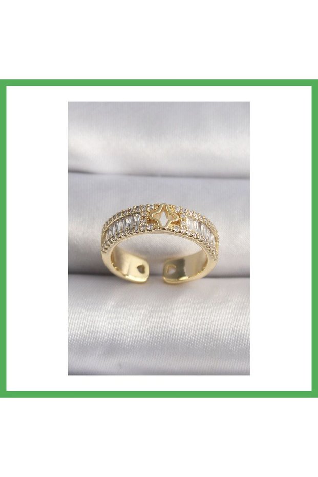 Brass Gold Color Zircon Stone Star Engraving Vip Series Women's Ring Bezoss
