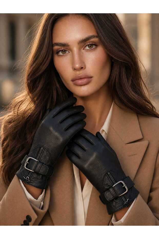 Women's Winter Lambskin Zippered Buckle Leather Gloves