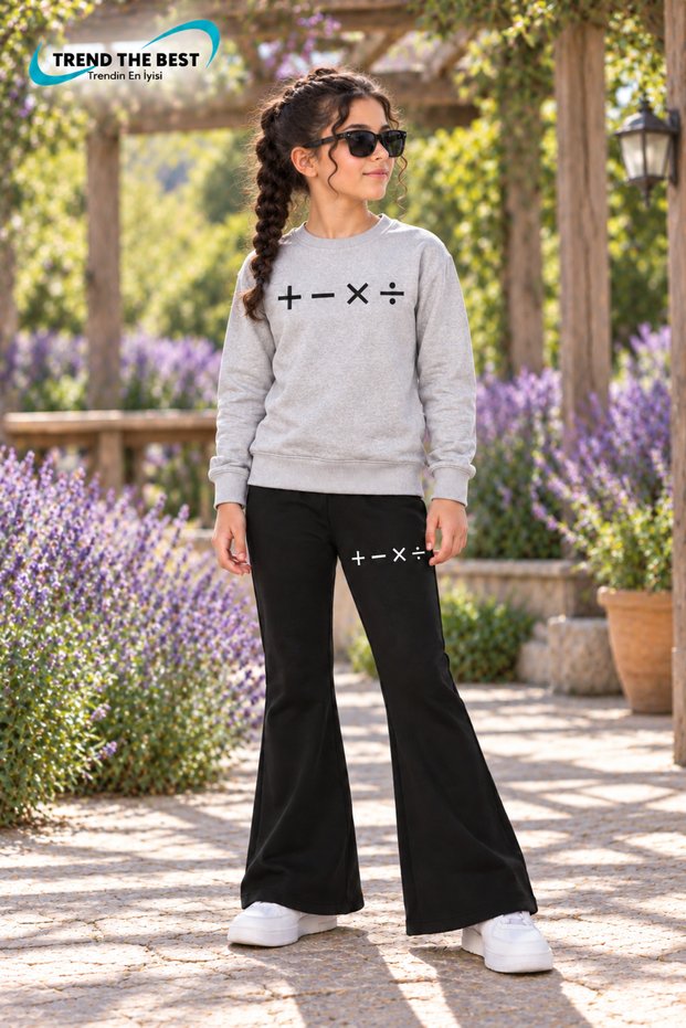 Winter, Spring, and Autumn Girls' Black Spanish Flared Bottoms and Gray Sweat Top