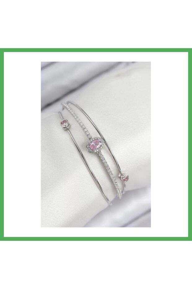 Brass Zircon Stone Baguette Model Silver Color Women's Bracelet Bezoss