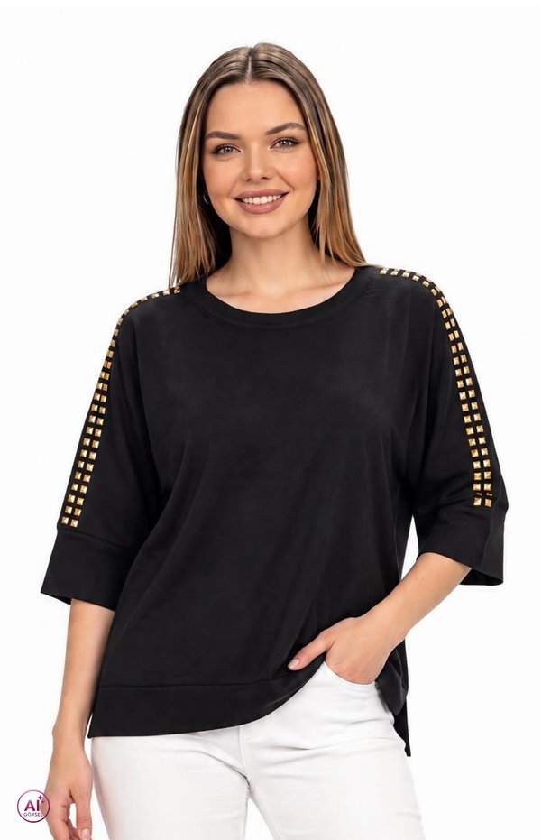 Women's black pool neck sleeve trople lycra elite yarn thin knitwear blouse