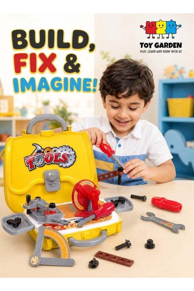 Kids Pretend Play Tool Box Set – Complete Construction Toy Kit with Drill, Hammer