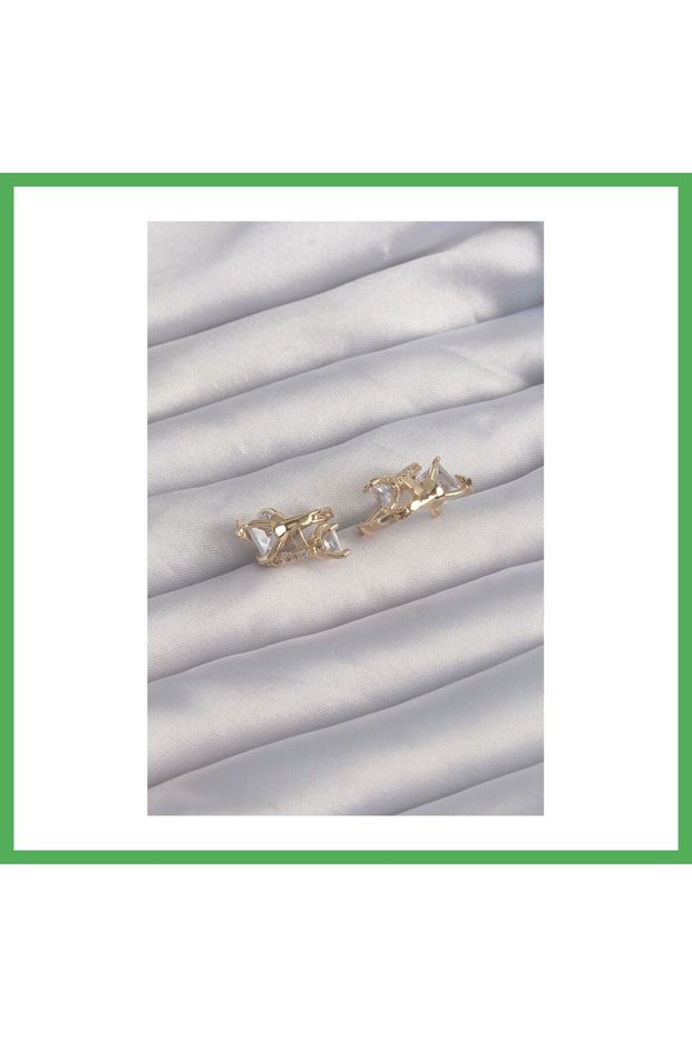 Brass Gold Color Chunky Zircon Stone Curved Minimal Butterfly Hoop Earrings Bezoss