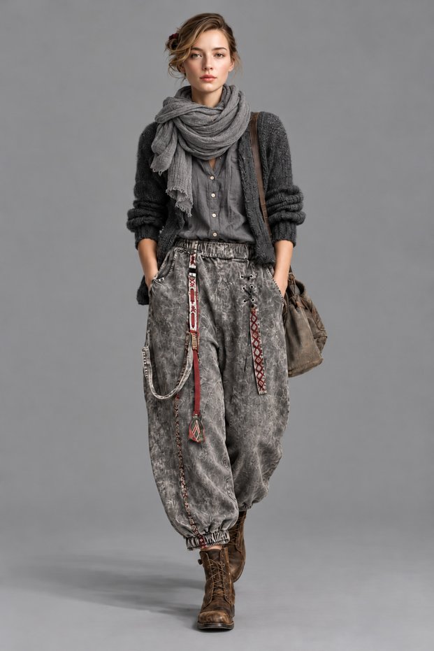 Bohem Style Smoked Washed Loose Pants