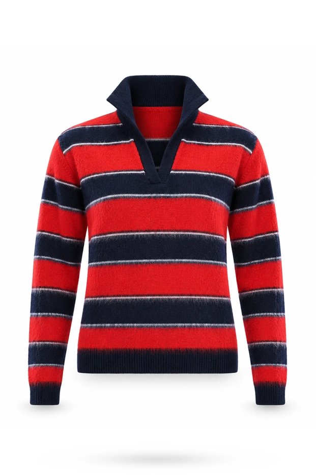 Navy Blue Polo Collar Striped Sweater 261174