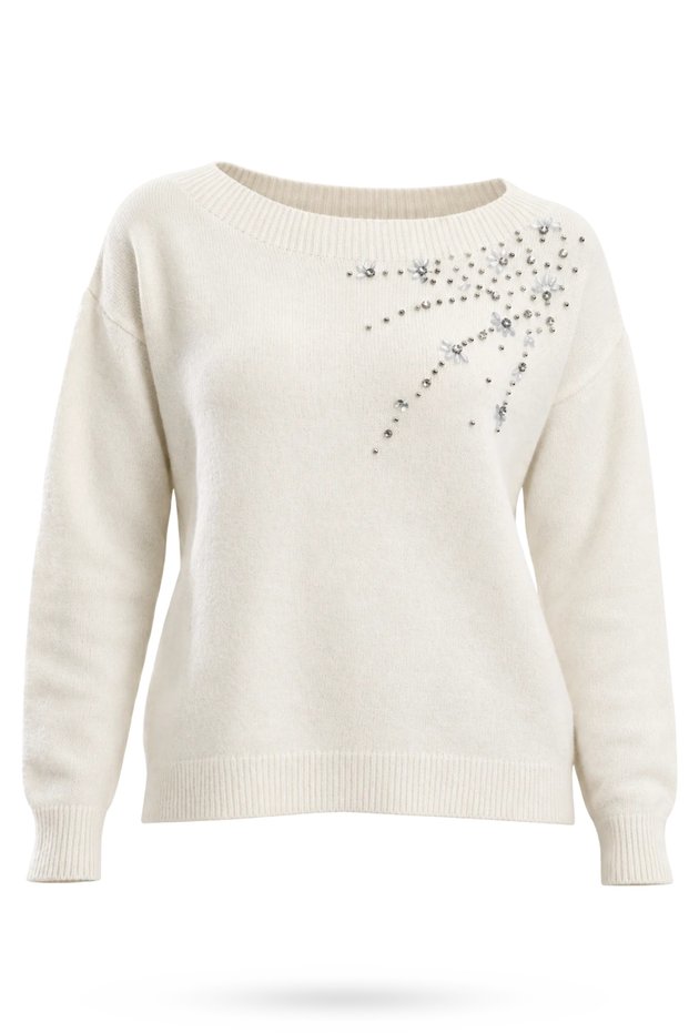 Cream Stone Embroidered Boat Neck Sweater 251189
