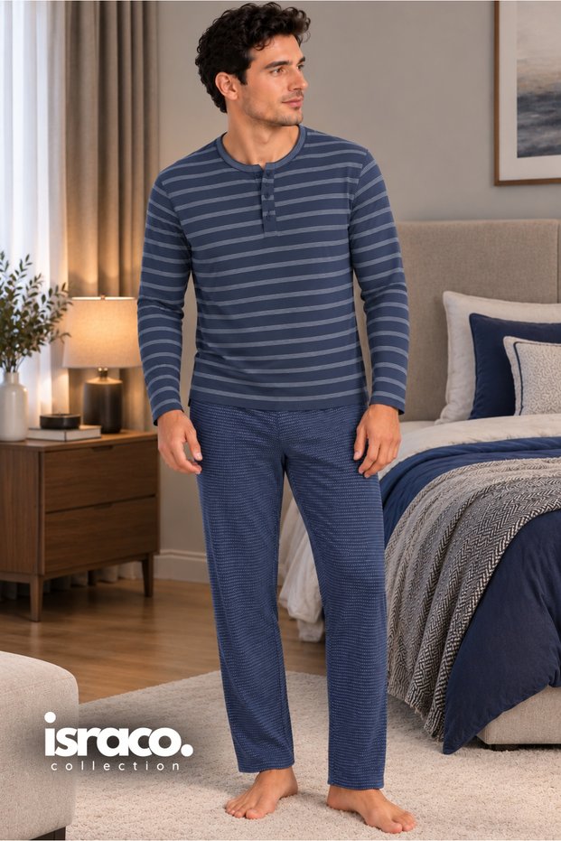 Selanik Fabric Striped Long Sleeve Buttoned Top and Patterned Bottom Set Dowry-Bohça Men's Pajama Set