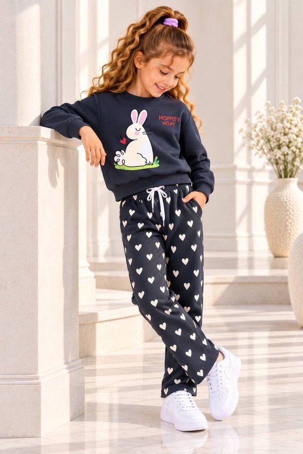 Girl's Rabbit Printed Patterned Wide-Legged 3-Yarn Rastered Sweatpants Set 3-10 Years Old